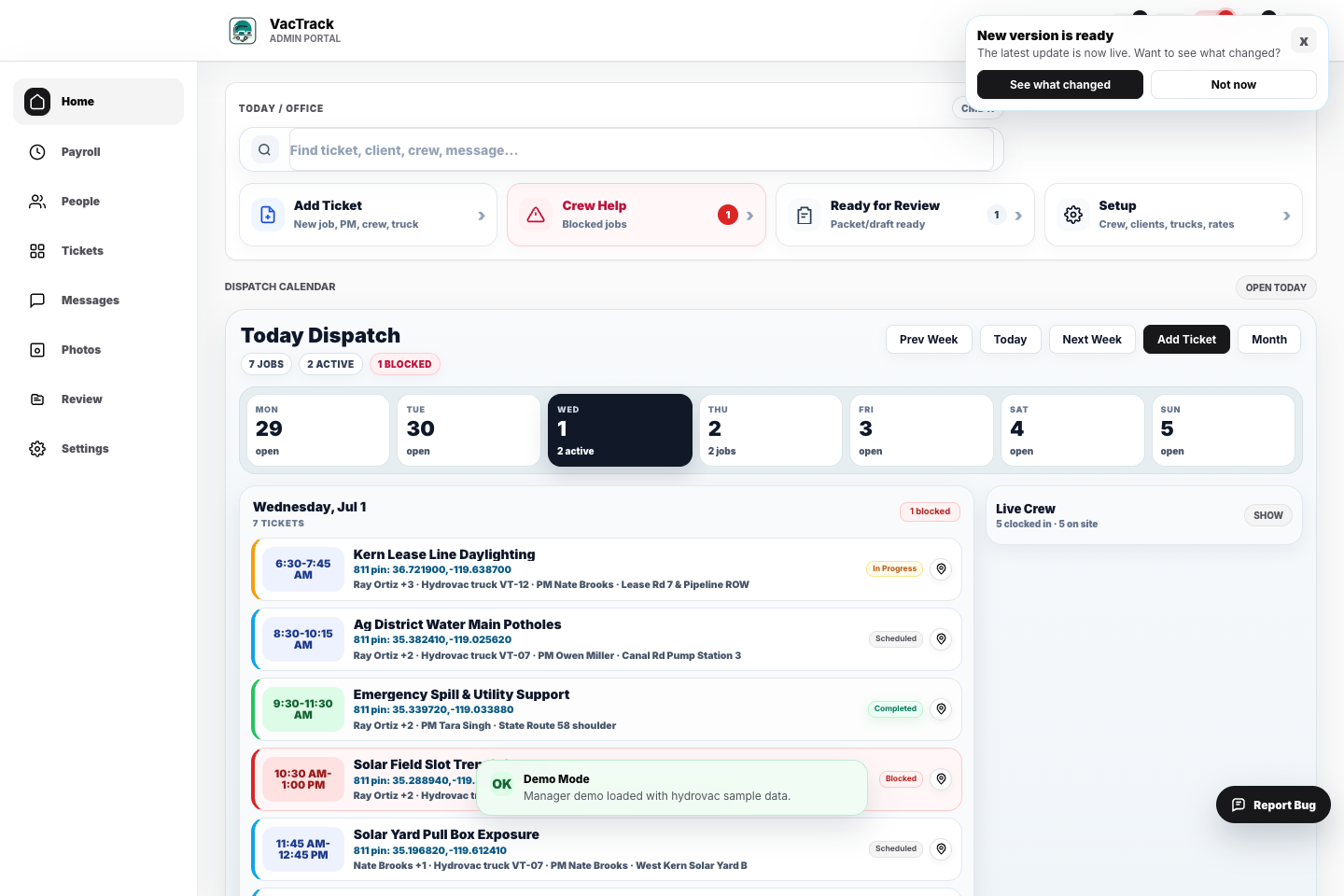 VacTrack manager demo screen